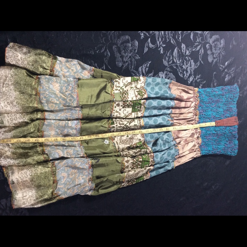 Vintage Boho Silk Sari Patchwork 2-Way Smocked Tube Dress / Maxi Skirt-XSmall - Picture 7 of 11